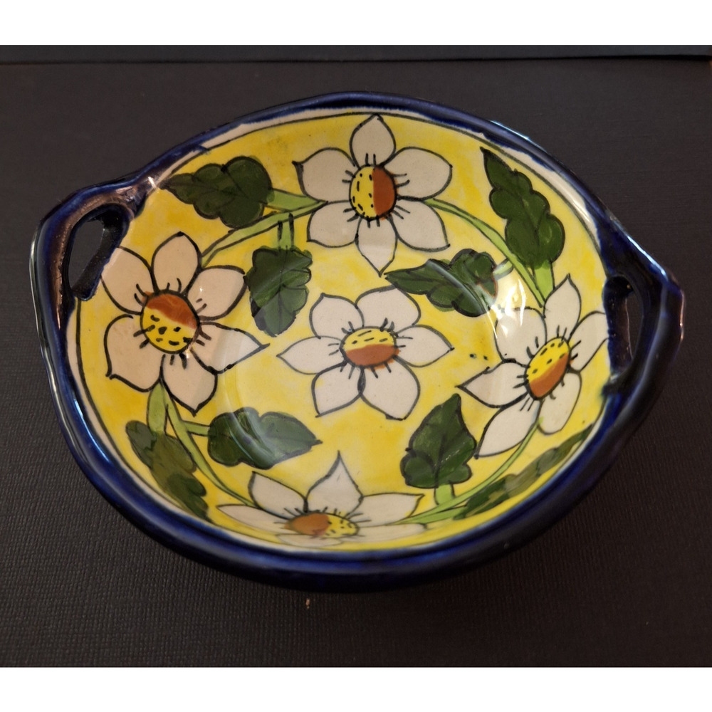 Mexican Talavera Pottery Hand Painted Bowl Double Handle Floral Yellow Blue 'Q'